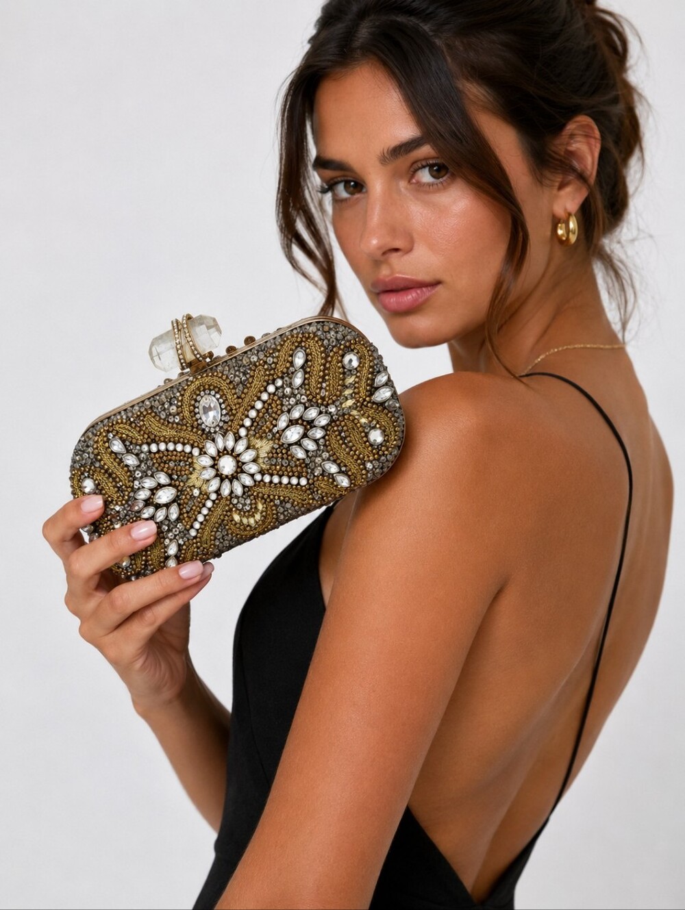 Marchesa Crystal Embellished Gold Evening Clutch with Strap and Dustbag